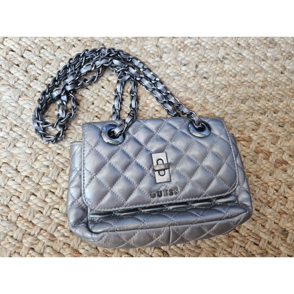 Guess G-Lux Metallic Pewter Quilted Crossbody - Gunmetal Chain Strap